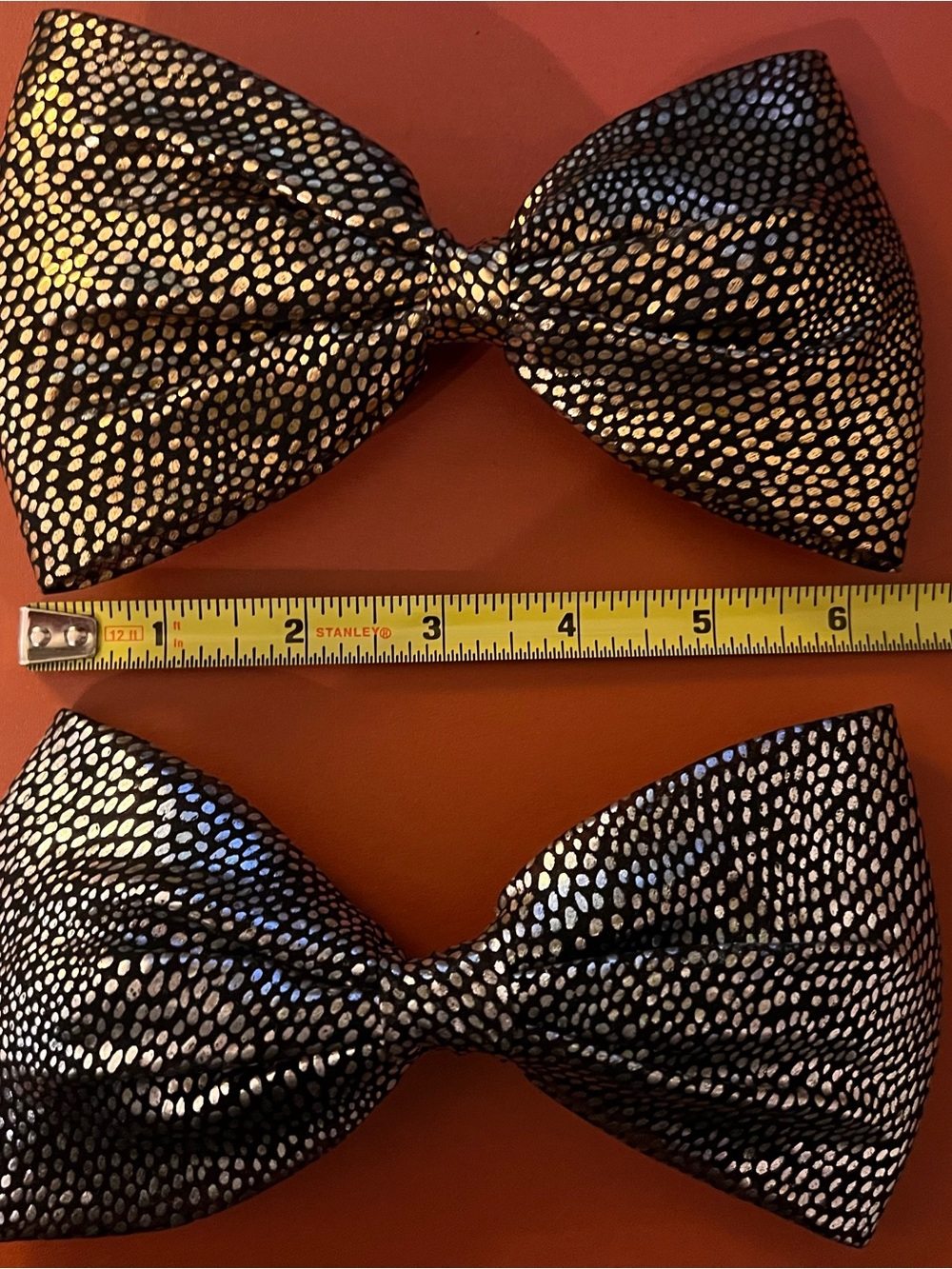PAIR of VINTAGE Black/Metallic-Dotted Statement Bow Barrettes (Silver + Gold) - Picture 3 of 4